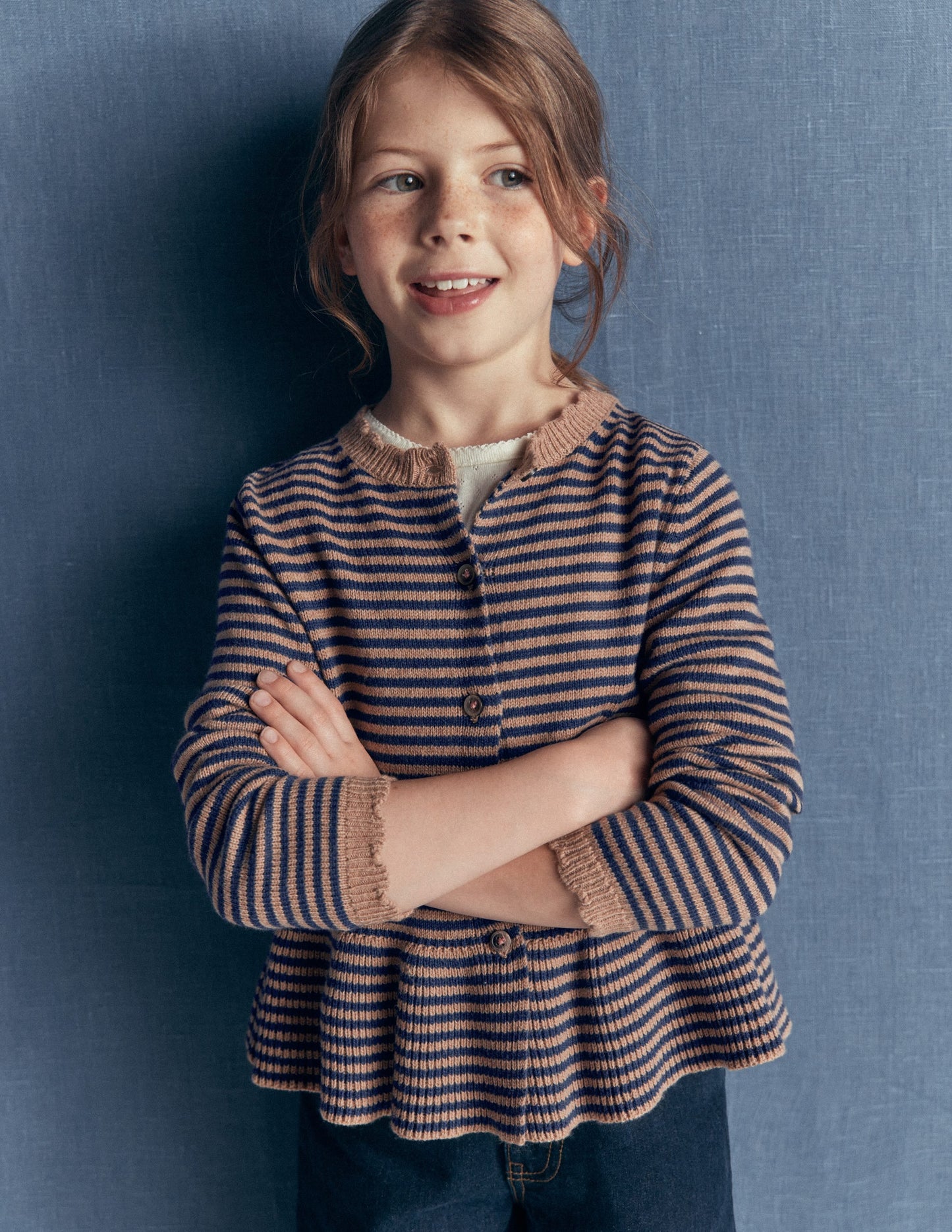 Pretty Peplum Cardigan-Camel/ College Navy Stripe