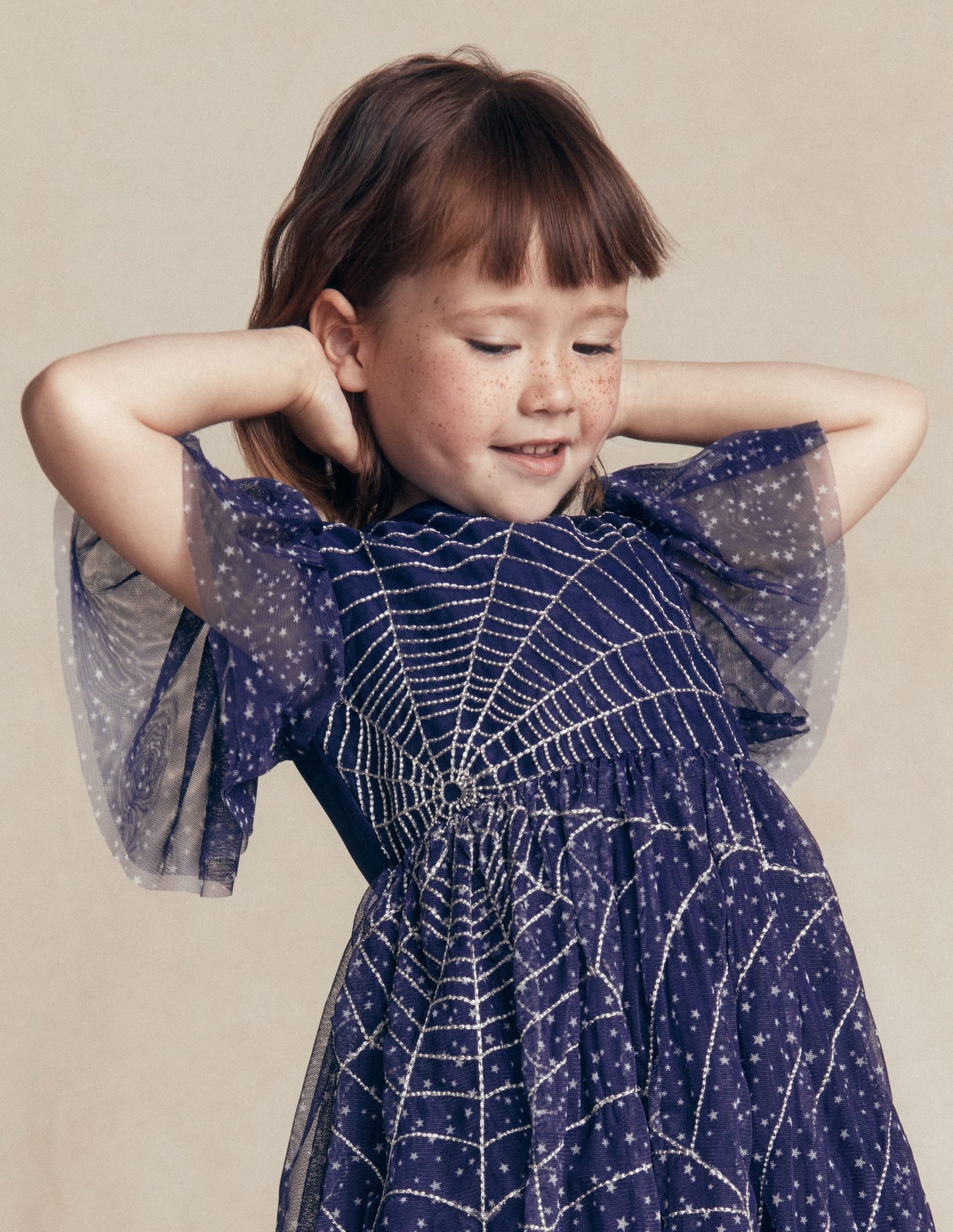 Appliqué Tulle Dress-College Navy Spiders Web