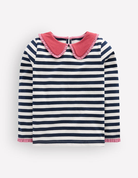 Collared Breton Jersey Top-Ivory and Navy Stripe