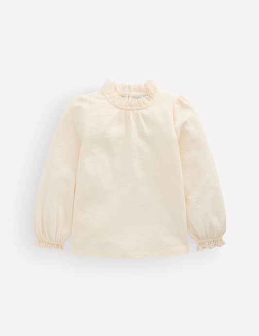 Broderie Trim Slub Top-Soft Ivory