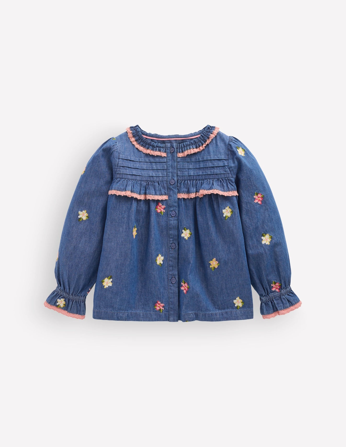Frill Button Through Top-Chambray Embroidery