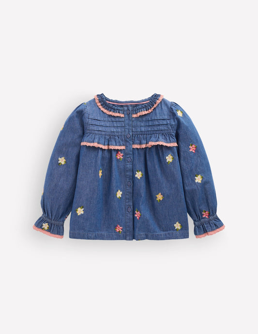 Frill Button Through Top-Chambray Embroidery