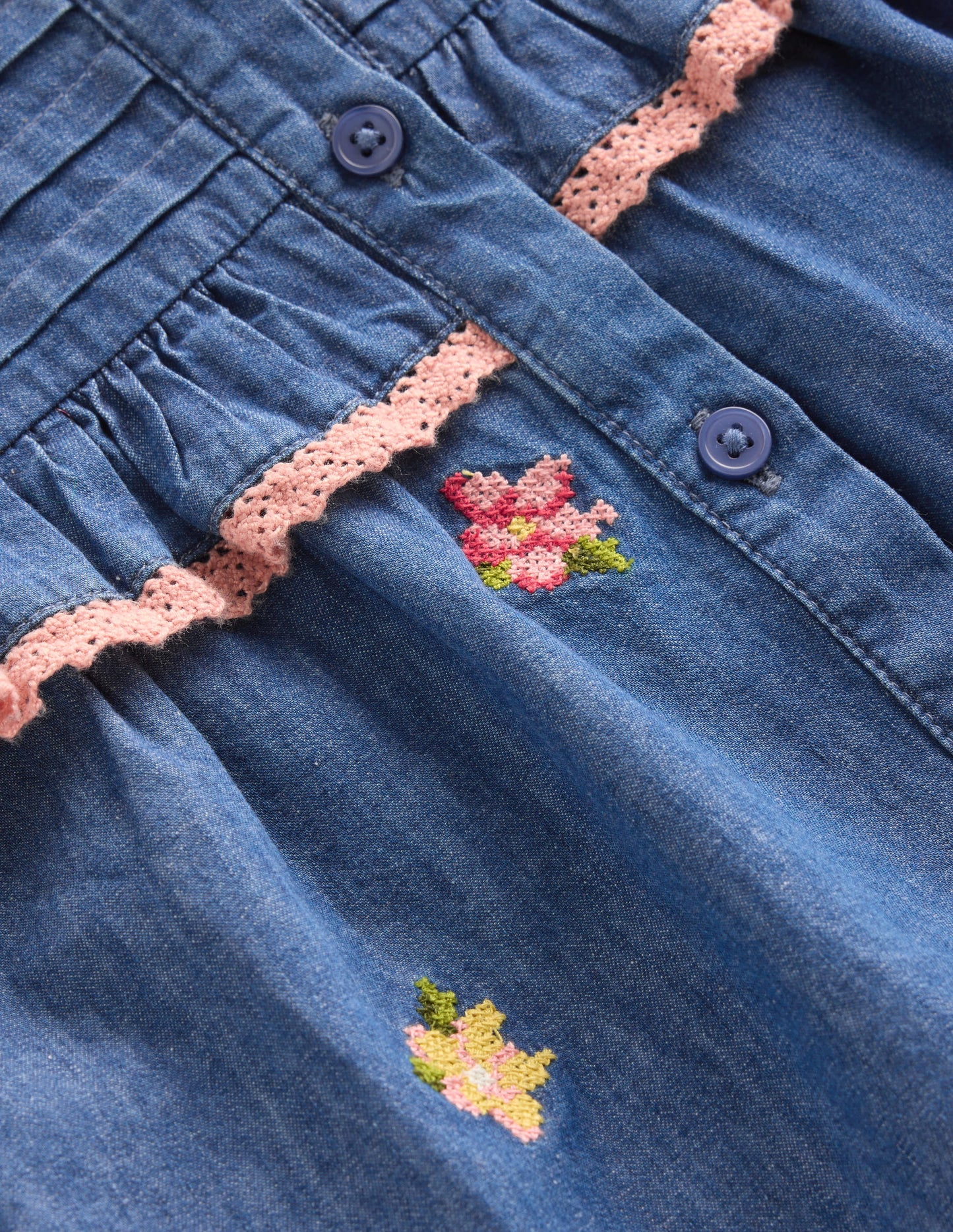 Frill Button Through Top-Chambray Embroidery