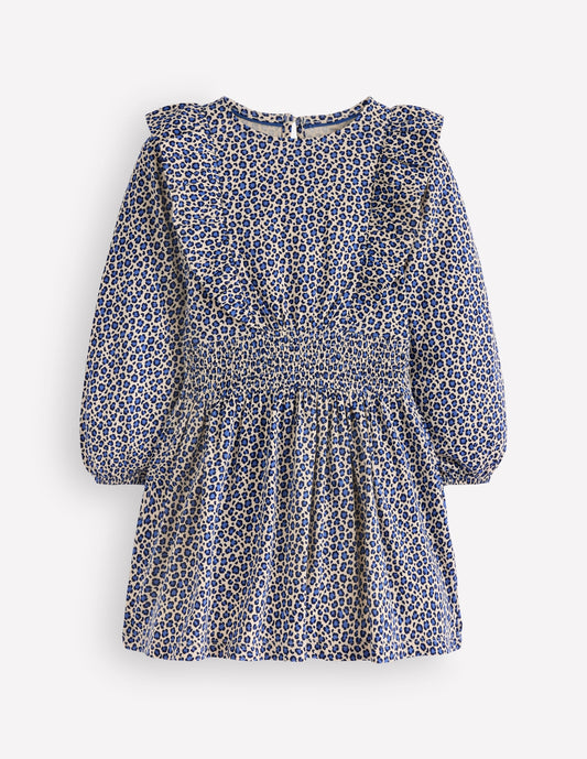 Suki Shirred Jersey Dress-Blue Leopard