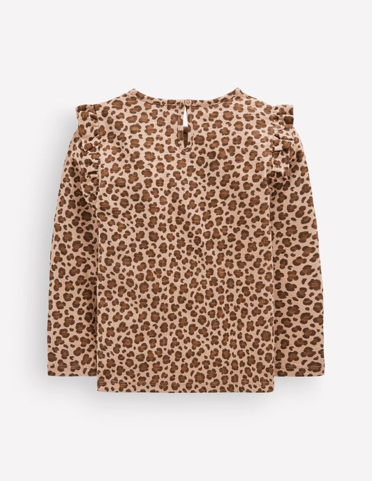 Frill Sleeve Slub Top-Milk Chocolate Brown Leopard