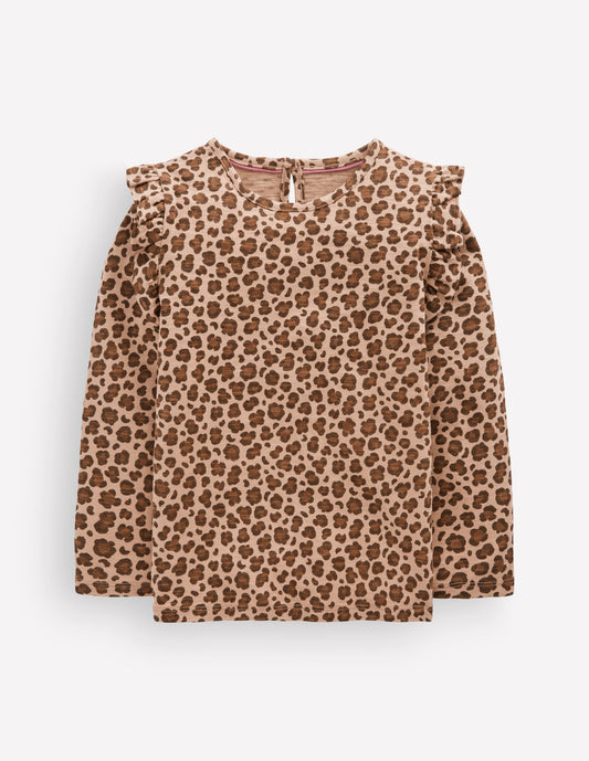 Frill Sleeve Slub Top-Milk Chocolate Brown Leopard