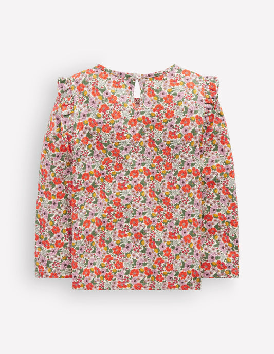 Frill Sleeve Slub Top-Soft Cream Garden Flowerbed