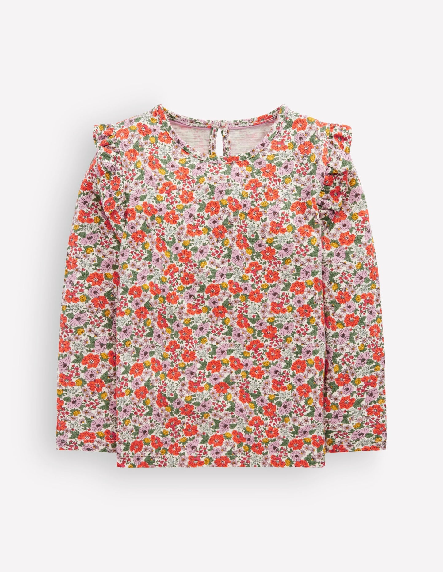 Frill Sleeve Slub Top-Soft Cream Garden Flowerbed