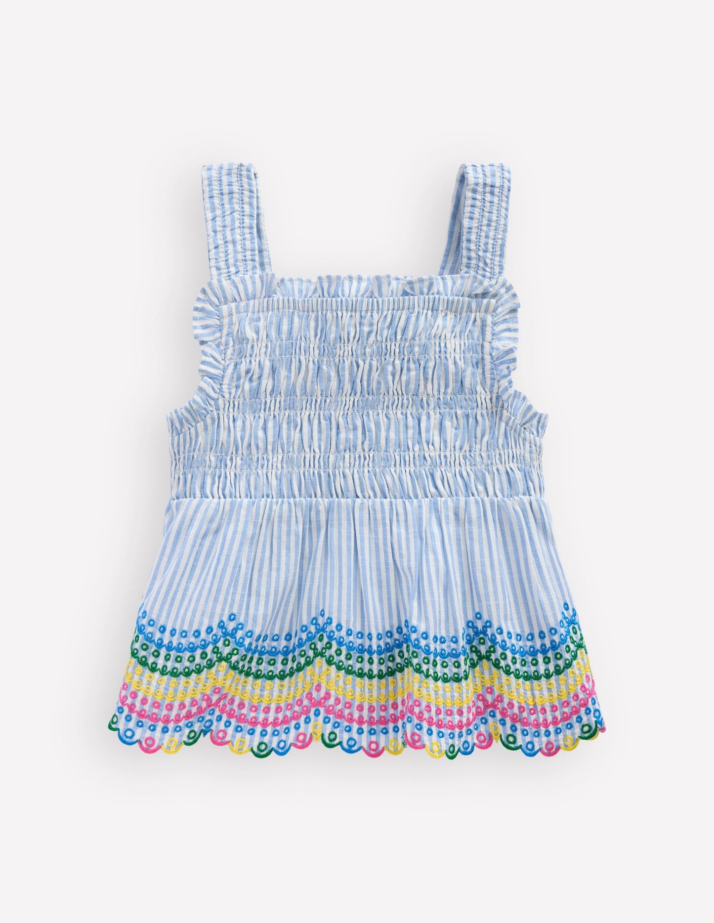Embroidered Shirred Top-Ticking Rainbows