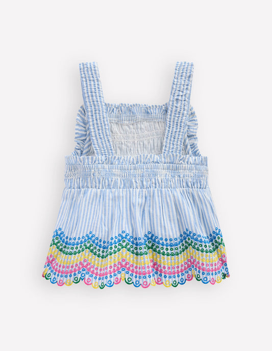 Embroidered Shirred Top-Ticking Rainbows