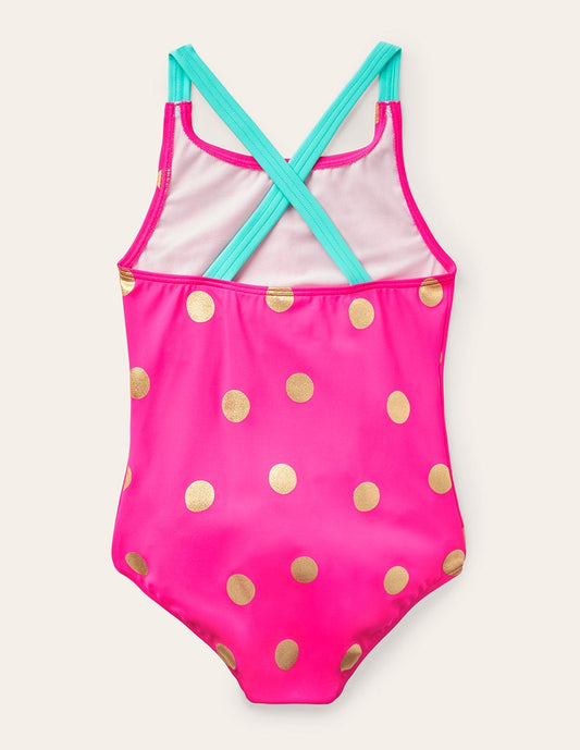 Cross-Back Printed Swimsuit-Fuchsia Pink Foil Spot