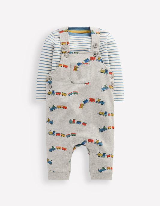 Jersey Dungarees Set-Grey Marl Trains