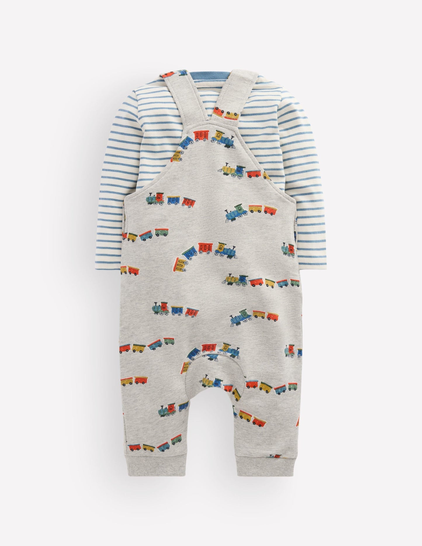 Jersey Dungarees Set-Grey Marl Trains
