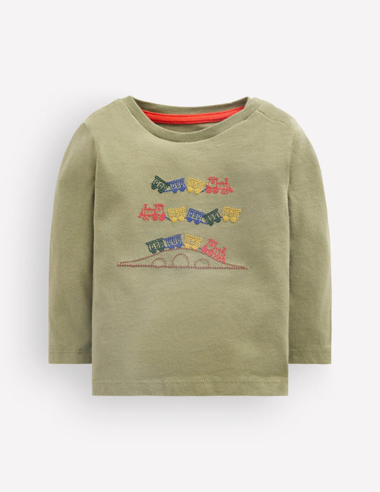 Long Sleeve Appliqué T-shirt-Green Trains