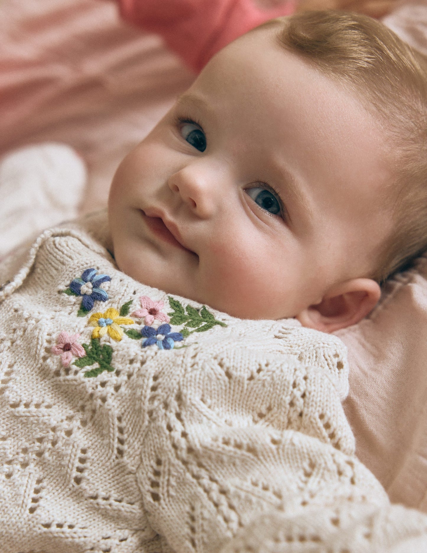 Embroidered Cotton Cardigan-Ecru Marl Mini Embroidered