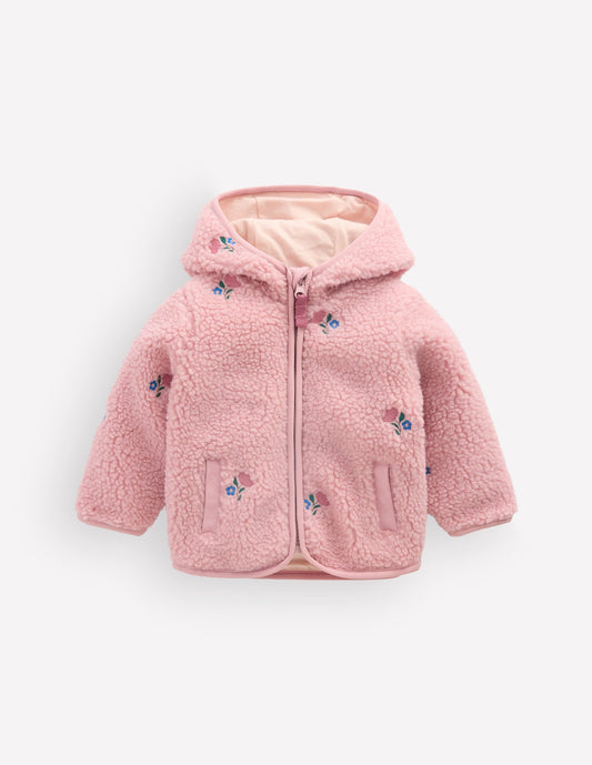 Embroidered Borg Jacket-Pink Floral