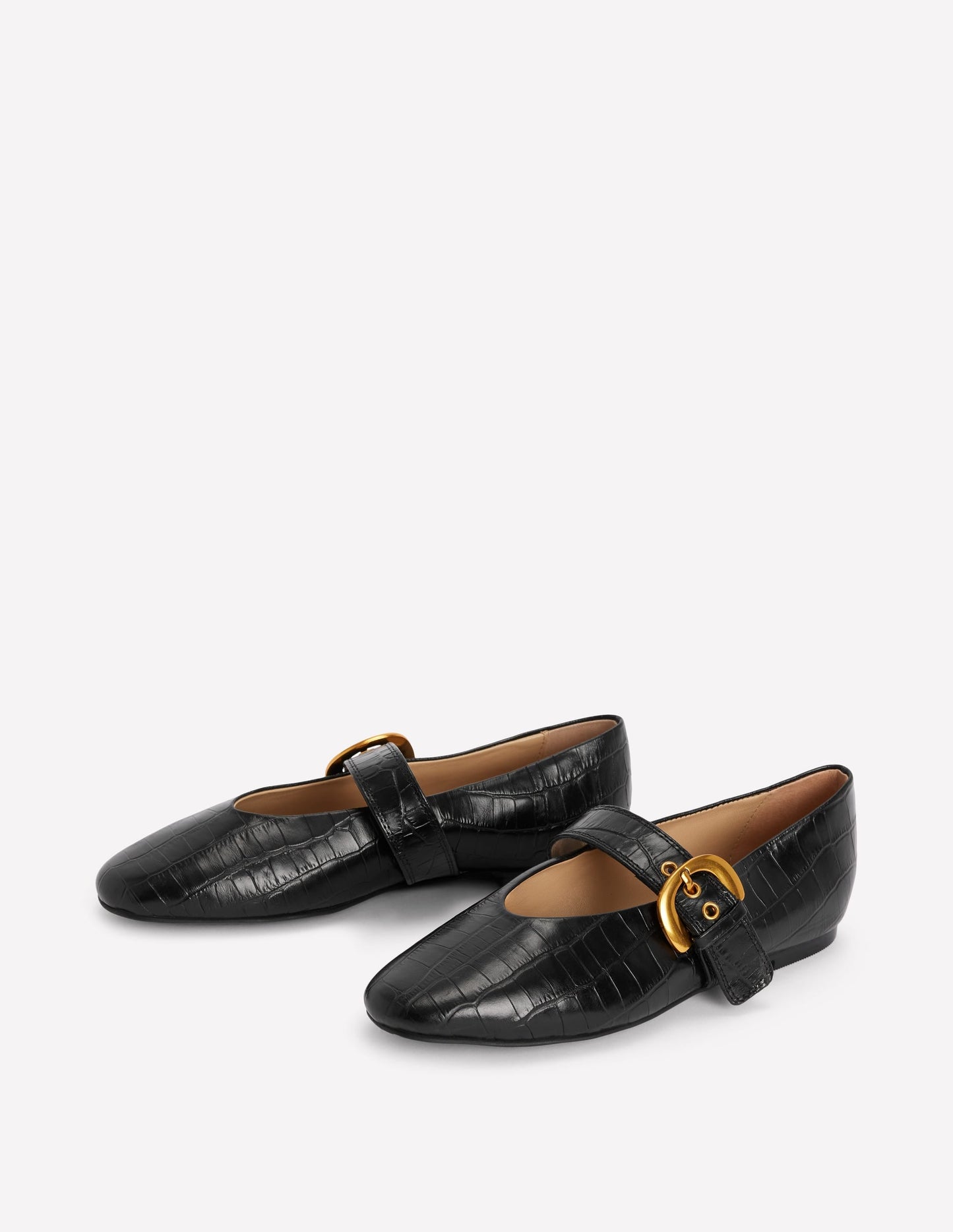Kylie Flat Buckle Mary Janes-Black Croc Embossed