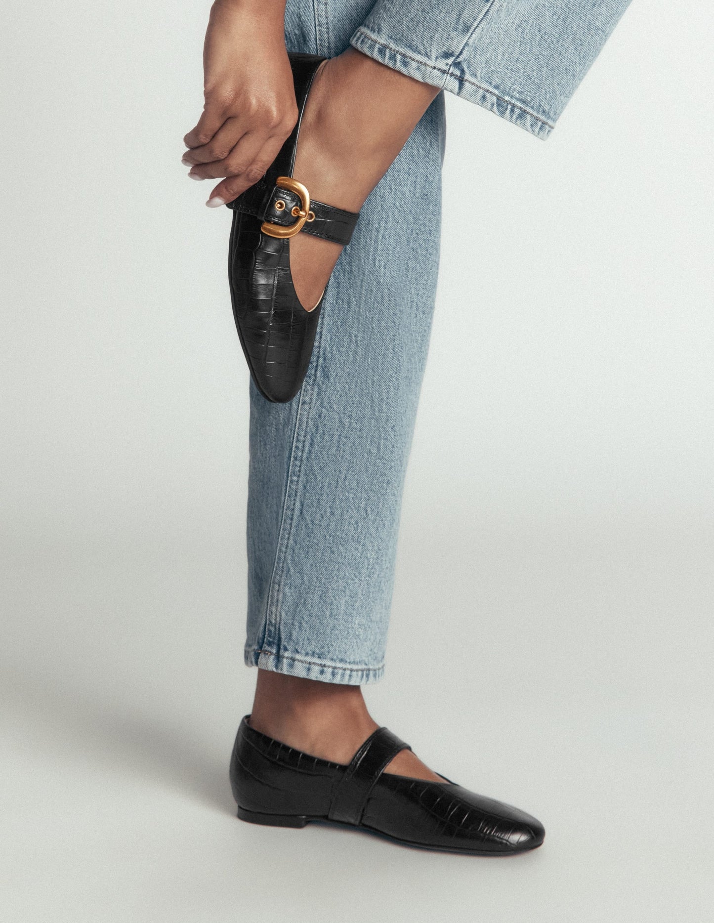 Kylie Flat Buckle Mary Janes-Black Croc Embossed