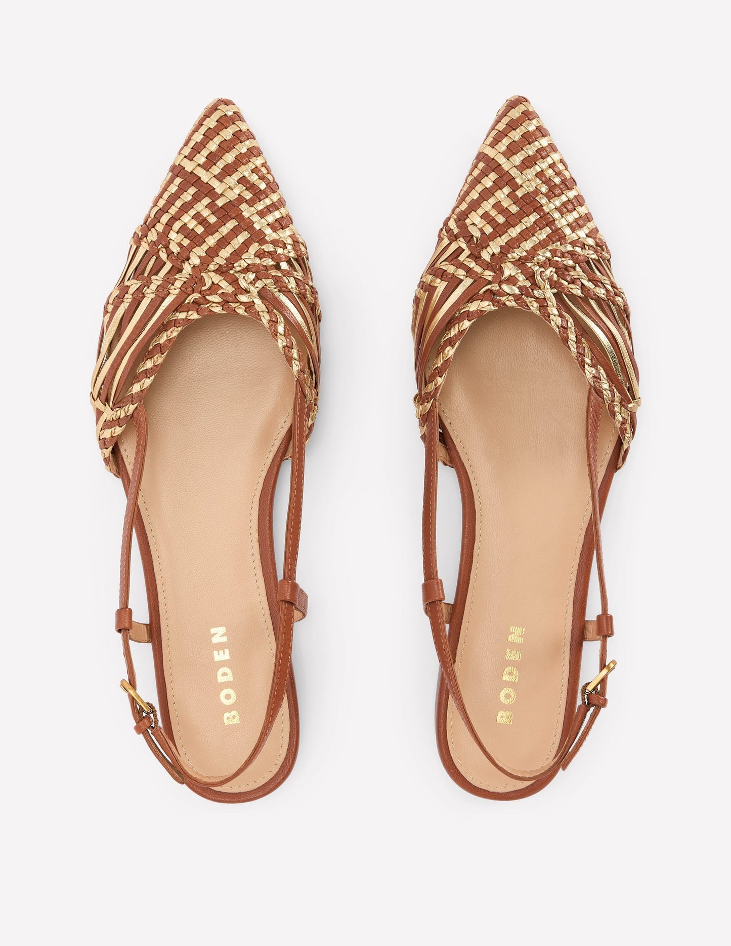 Woven Detail Pointed Flats-Tan/ Gold