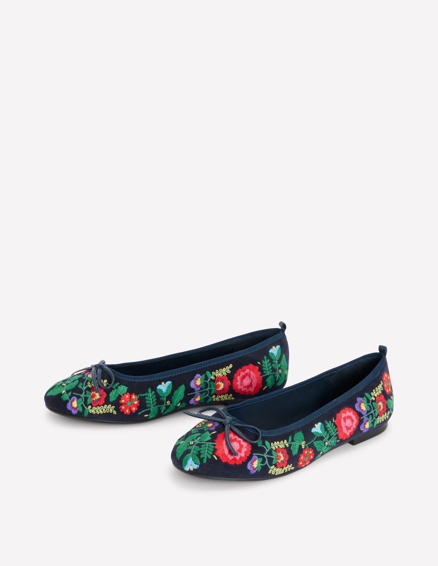 Patti Round Toe Ballet Flats-Navy Embroidered