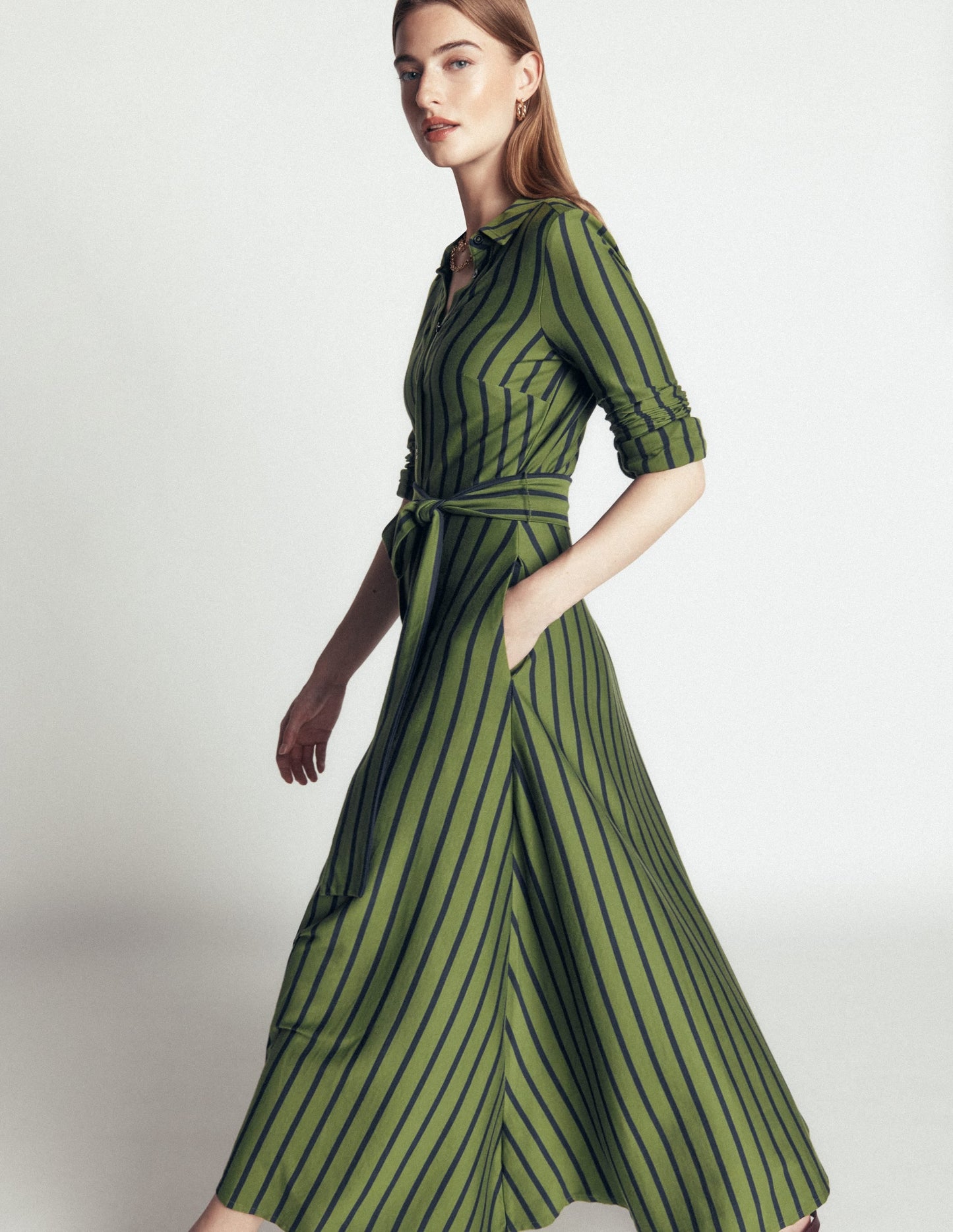 Marcia Jersey Shirt Dress-Chive and Navy Stripe