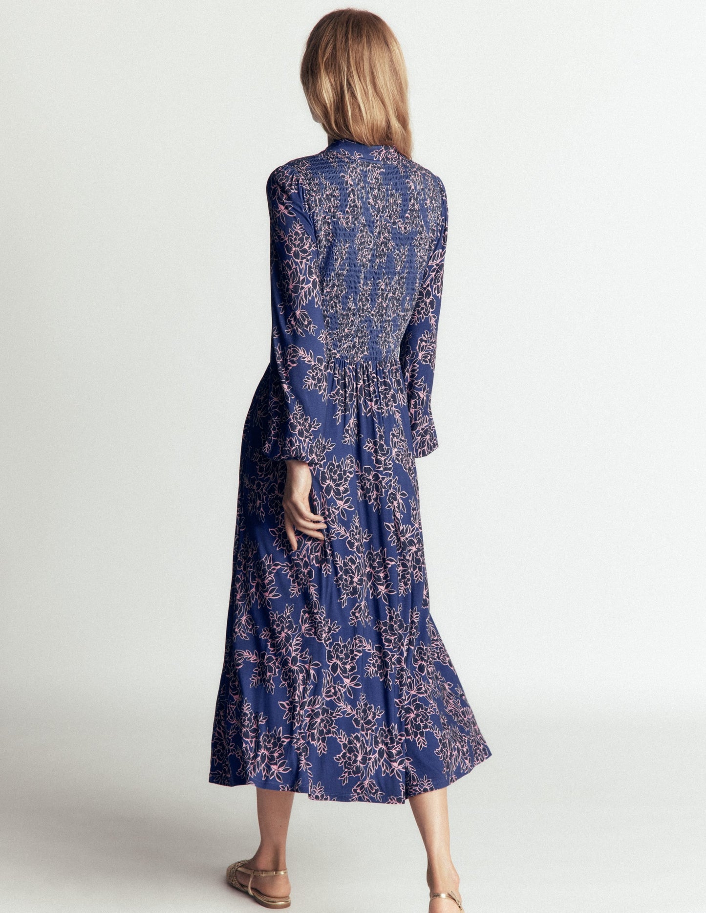 Smocked Jersey Dress-Denim Blue, Enchanted Peony
