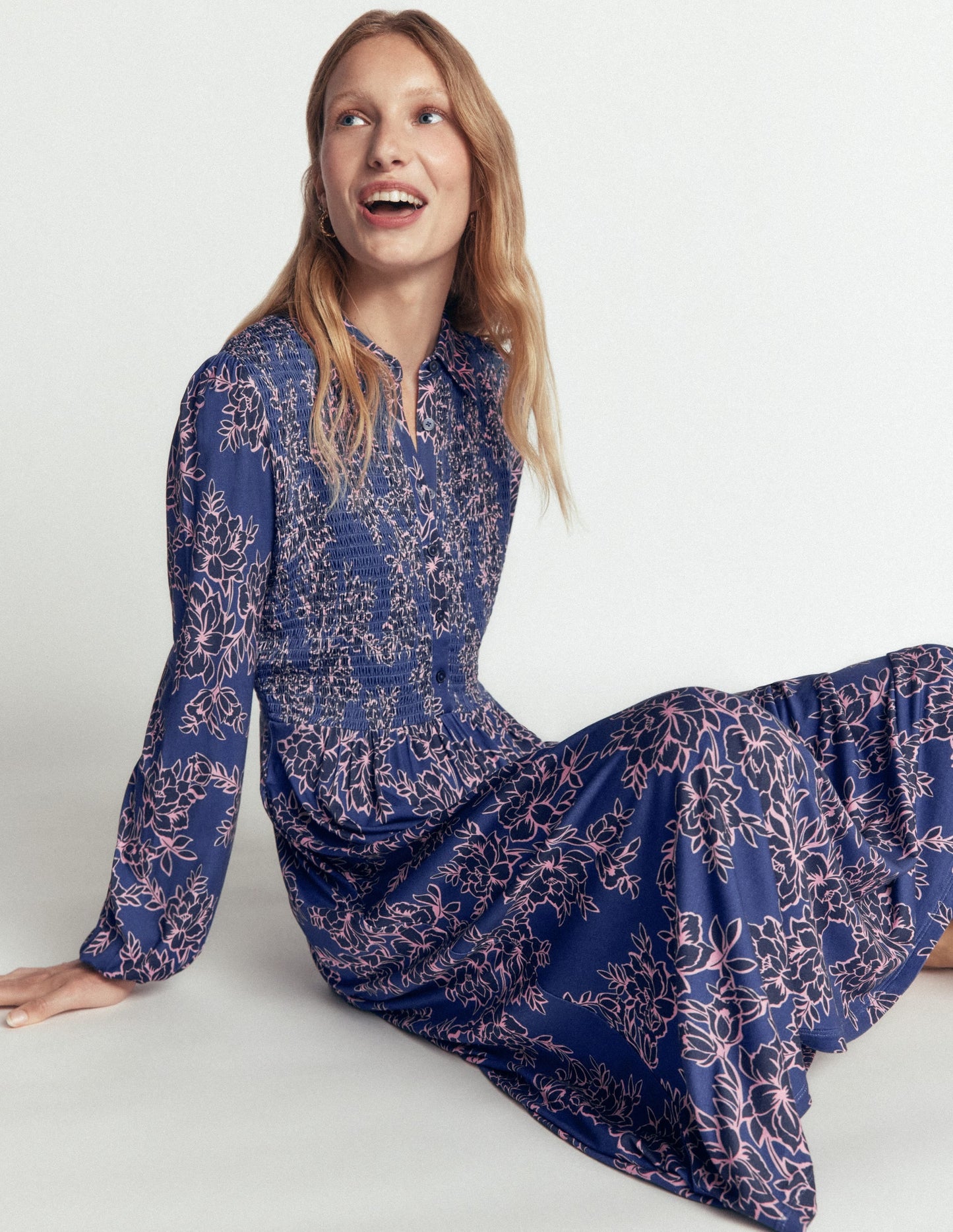Smocked Jersey Dress-Denim Blue, Enchanted Peony