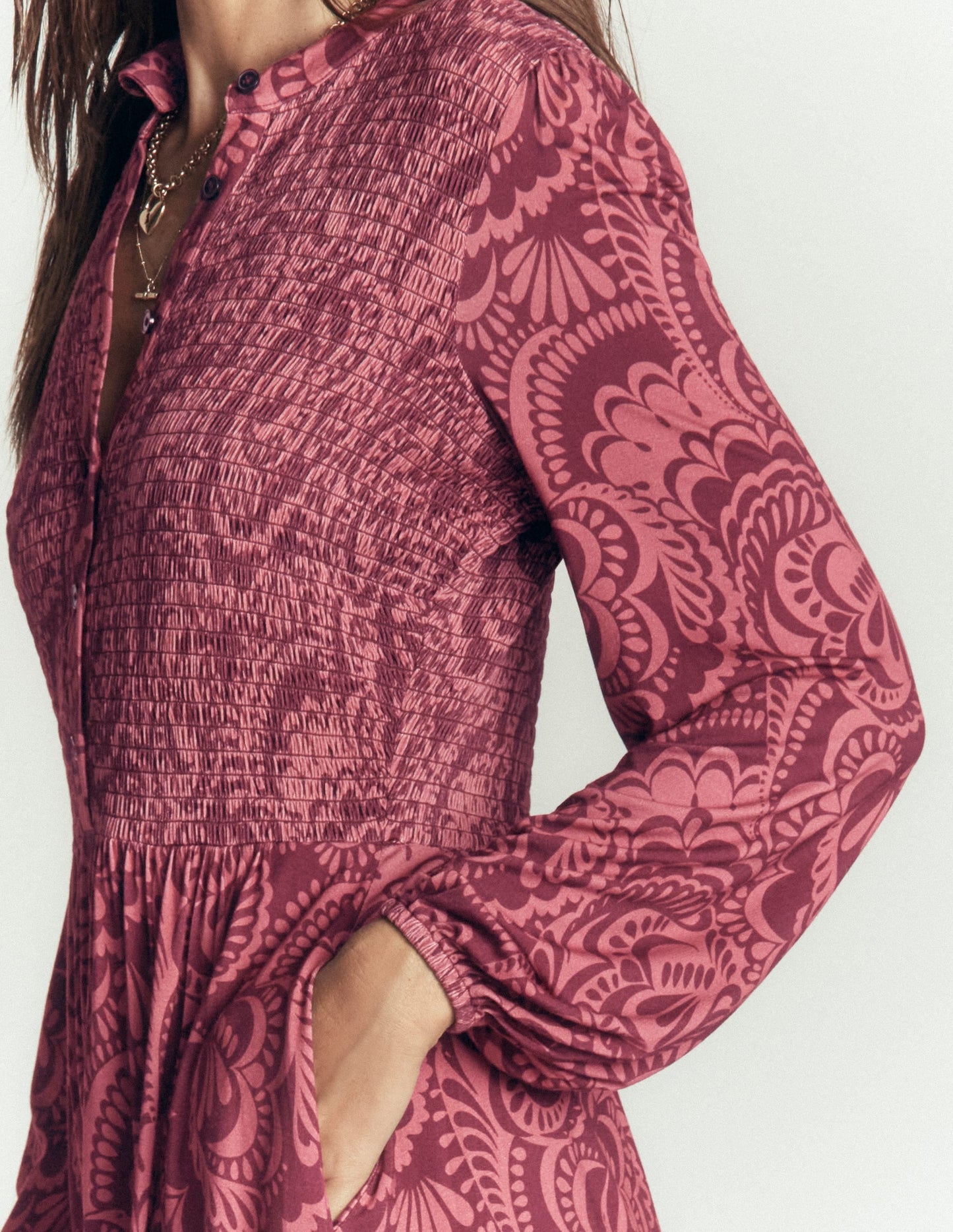 Smocked Jersey Dress-Maroon, Flourishing Medley