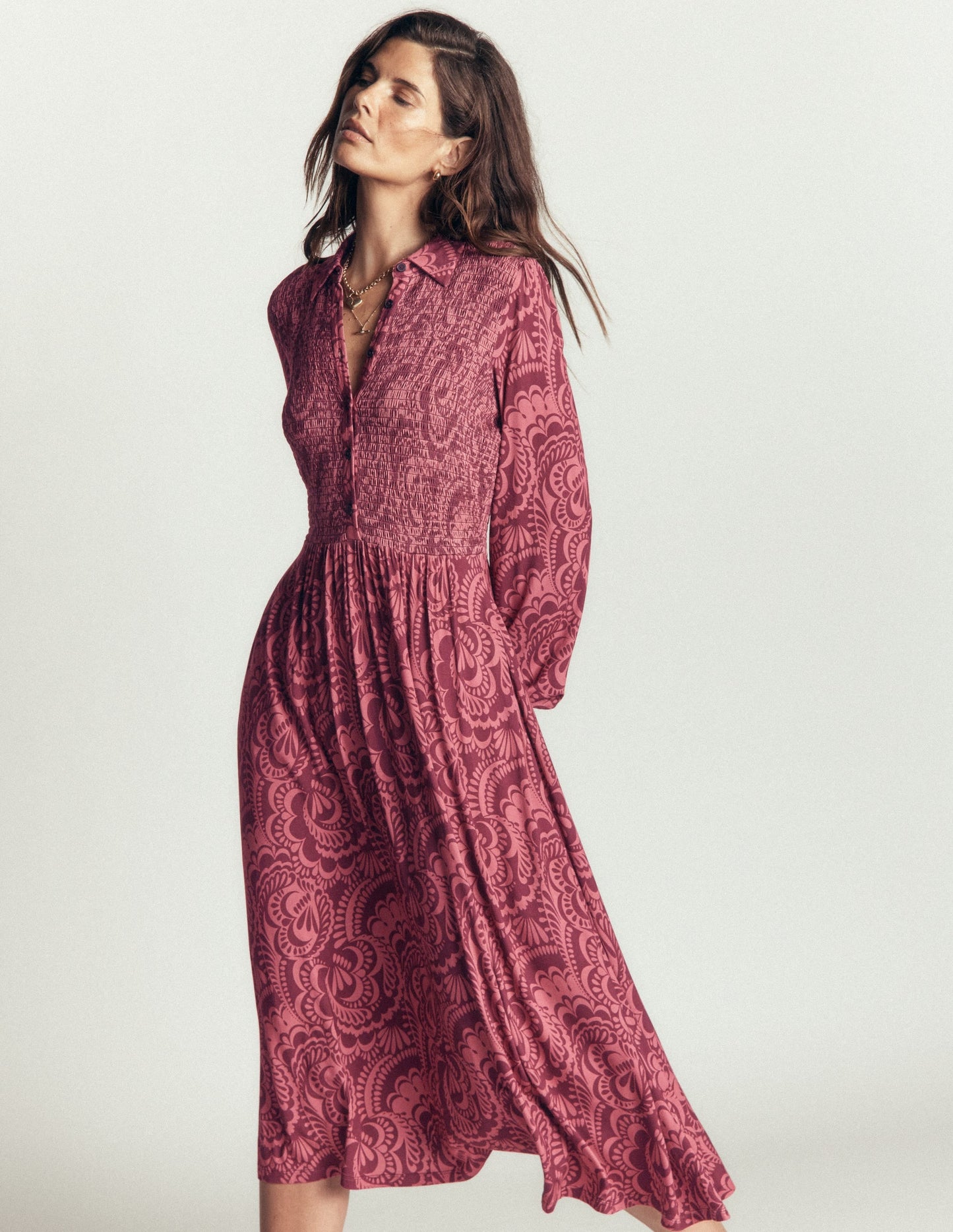 Smocked Jersey Dress-Maroon, Flourishing Medley