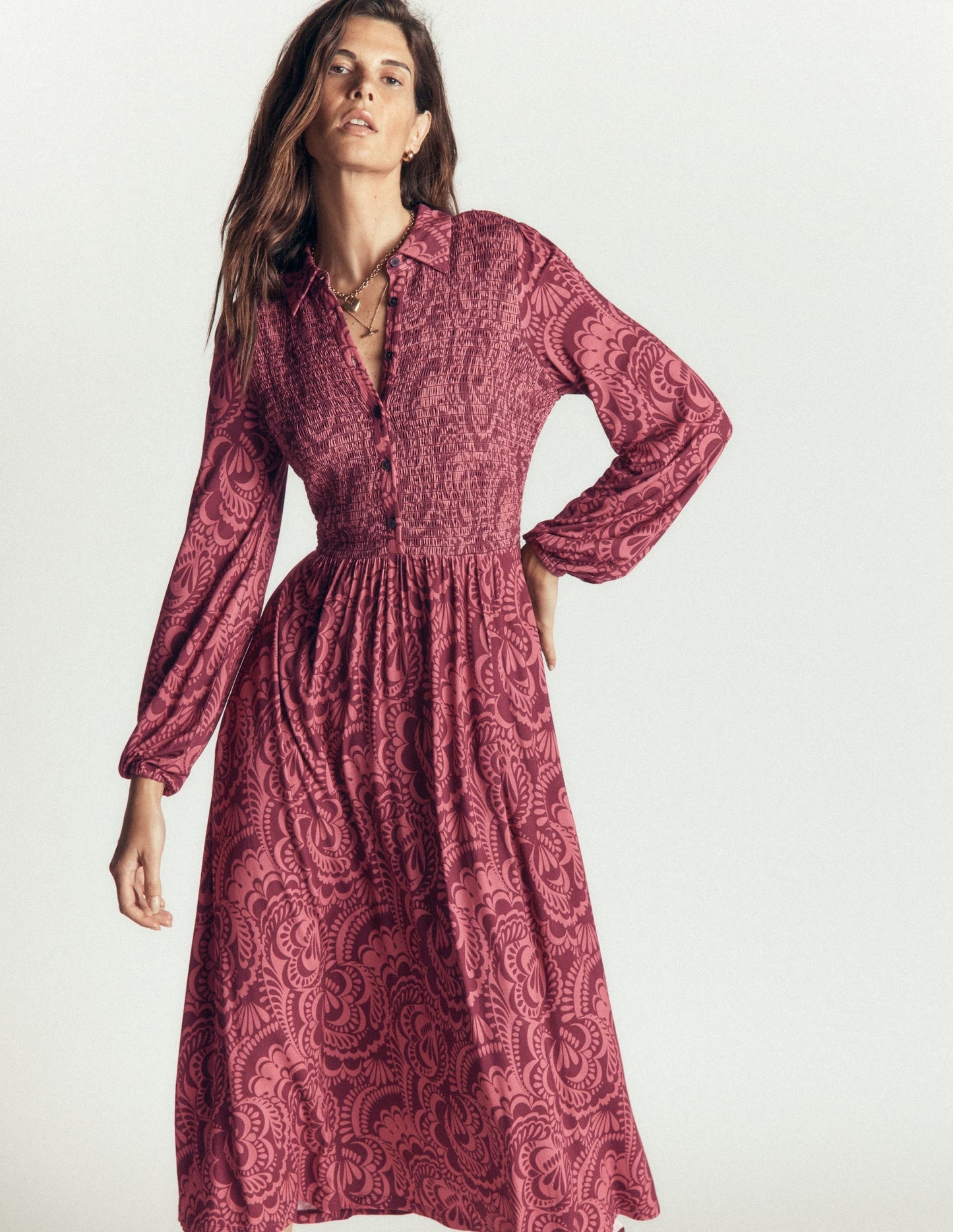 Smocked Jersey Dress-Maroon, Flourishing Medley