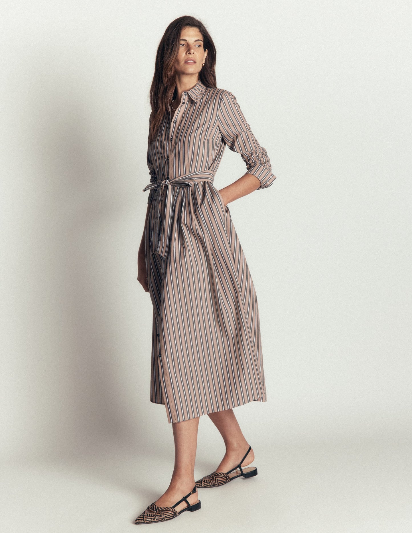 Alexa Cotton Midi Shirt Dress-Camel, Navy Tram Stripe