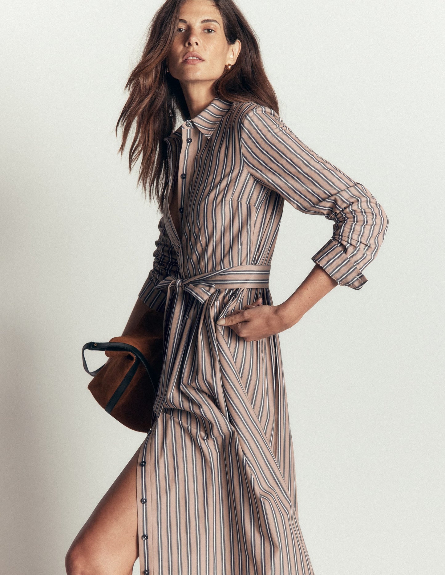 Alexa Cotton Midi Shirt Dress-Camel, Navy Tram Stripe