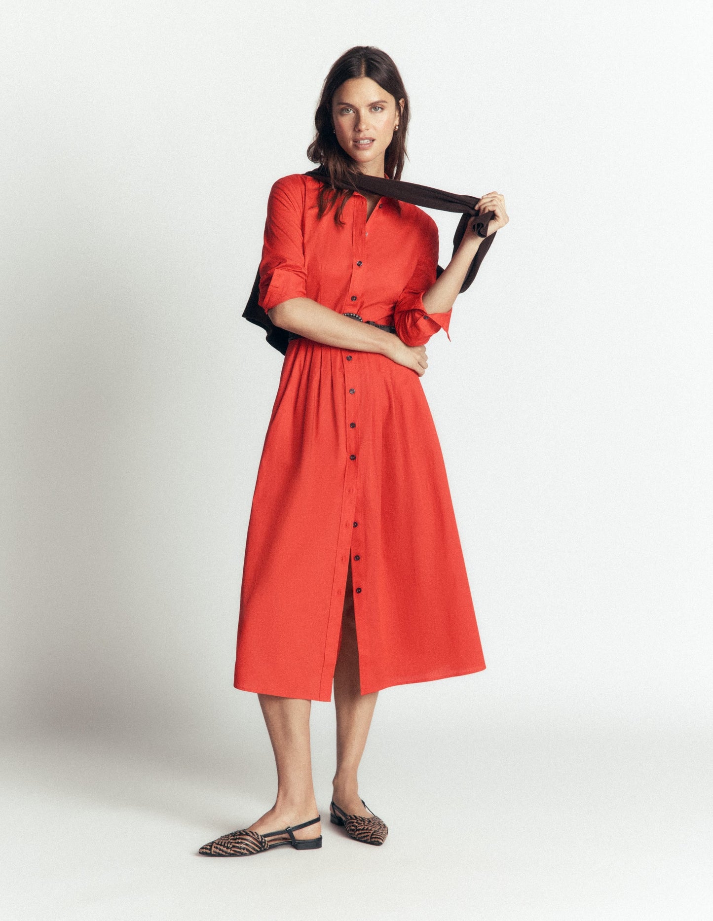 Alexa Cotton Midi Shirt Dress-Blood Orange