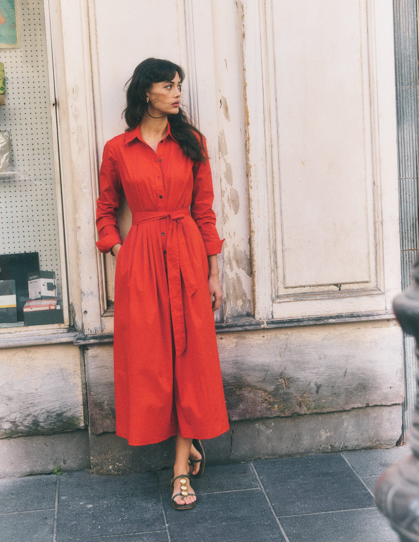Alexa Cotton Midi Shirt Dress-Blood Orange