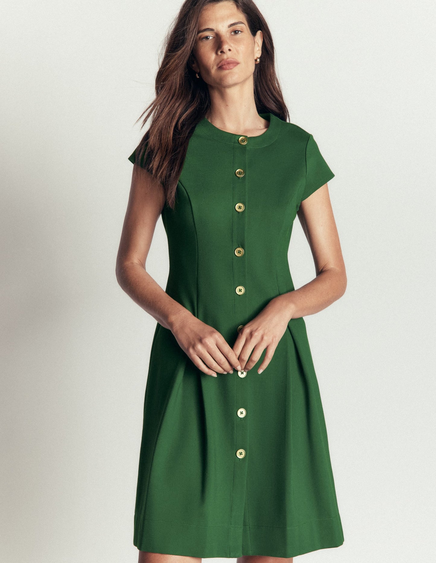 Short Pleated Ponte Dress-Hunter Green