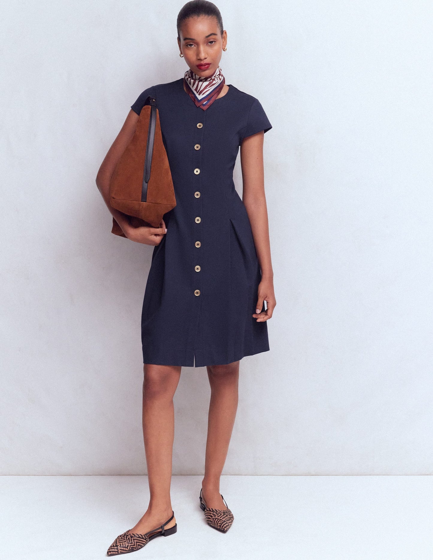 Short Pleated Ponte Dress-Navy