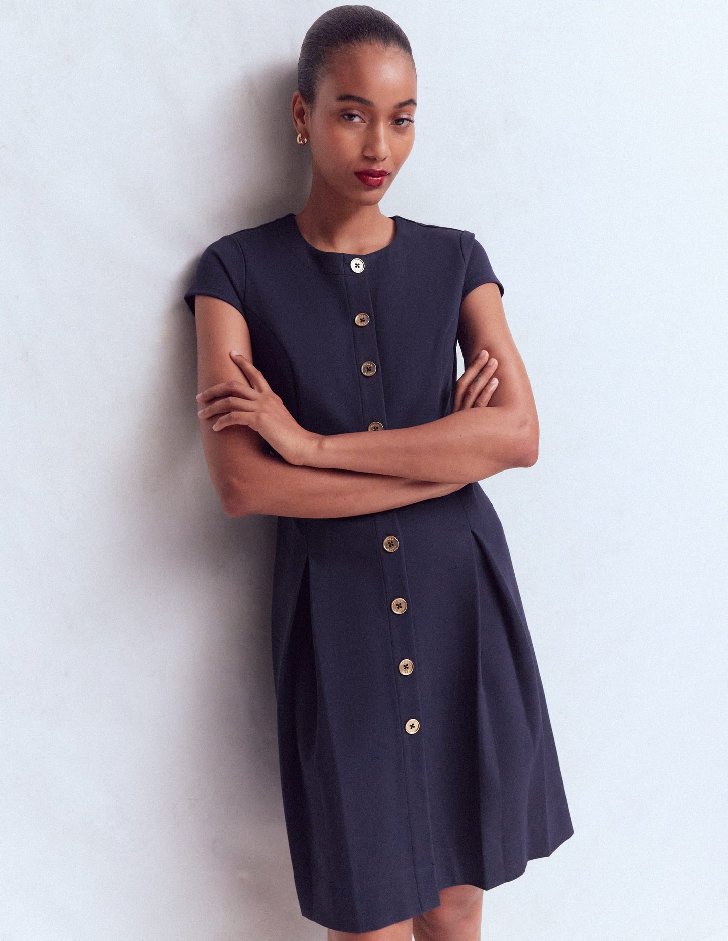 Short Pleated Ponte Dress-Navy