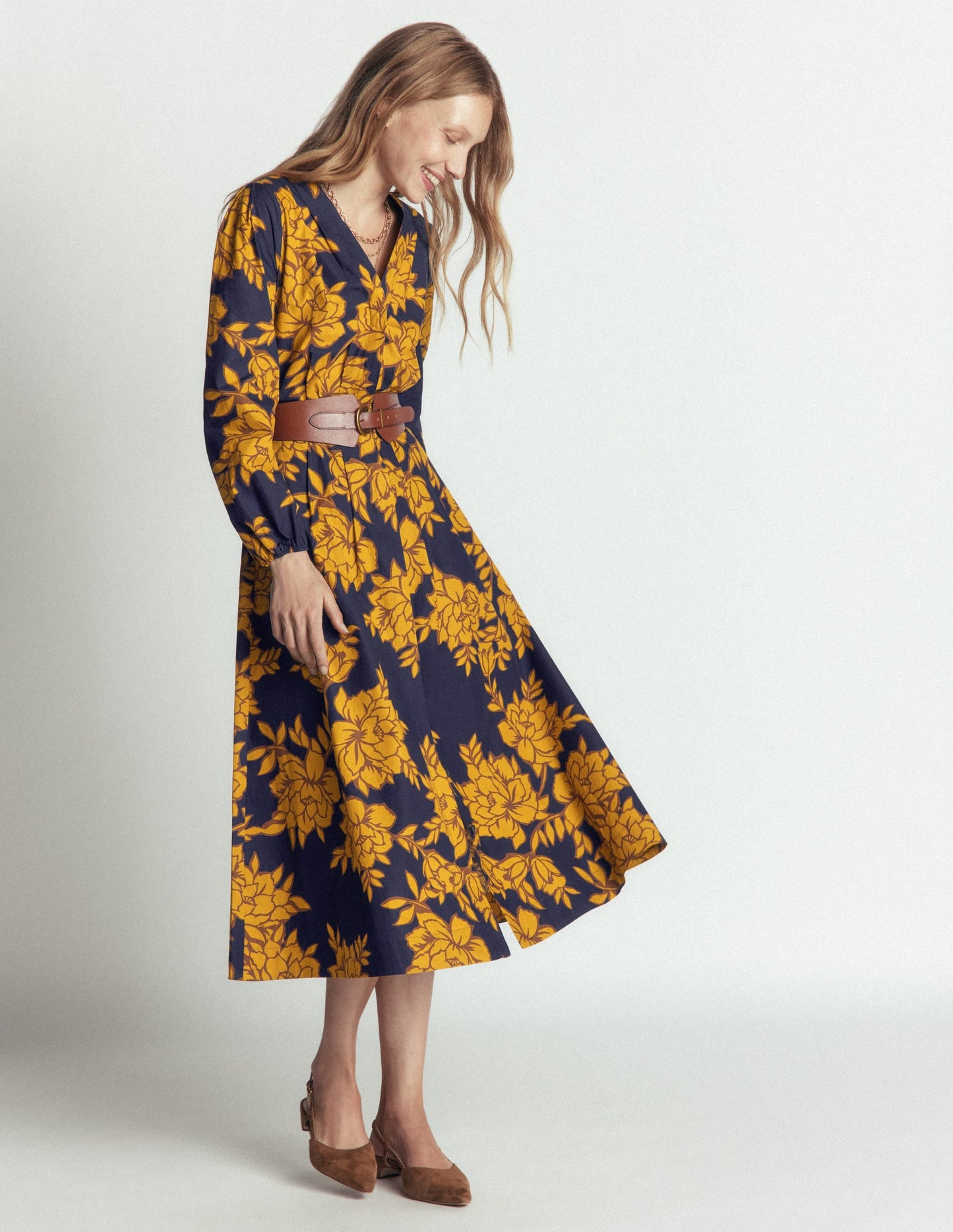 Nicola Cotton Midi Dress-Gold Wheat, Enchanted Peony