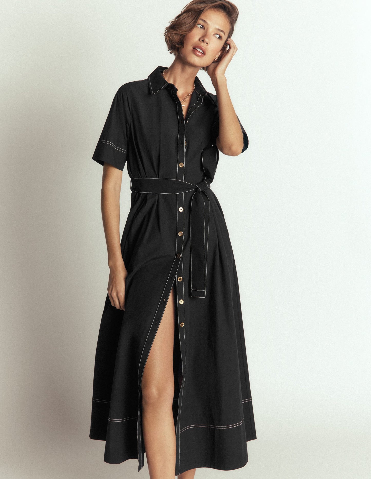 Sarah Cotton Midi Shirt Dress-Black
