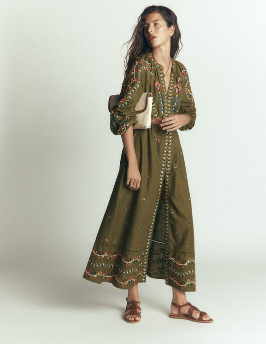 Embroidered Linen Dress-Woodland Green, Embroidery