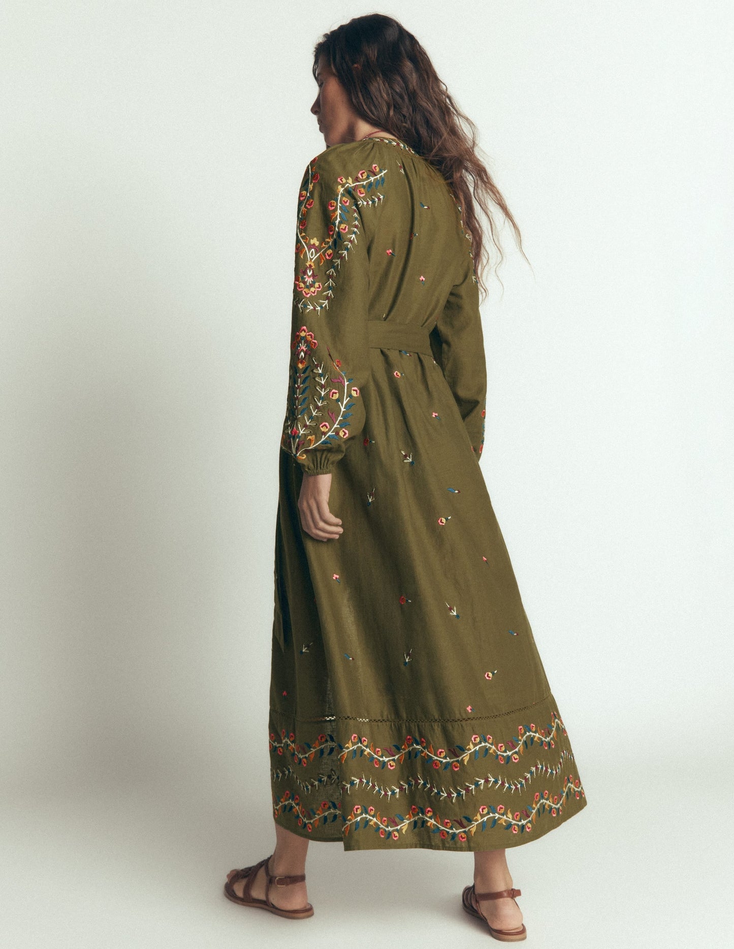 Embroidered Linen Dress-Woodland Green, Embroidery