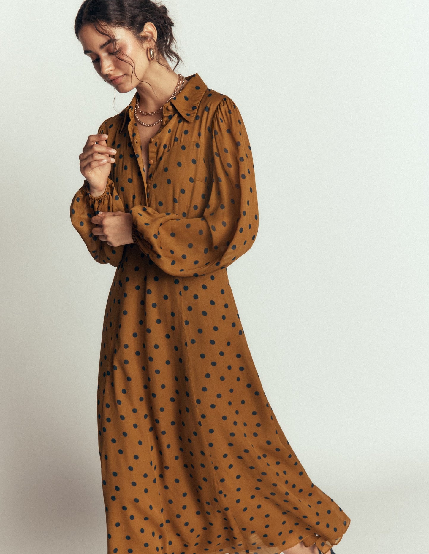 Sheer Yoke Shirt Dress-Rubber and Navy, Painted Dot