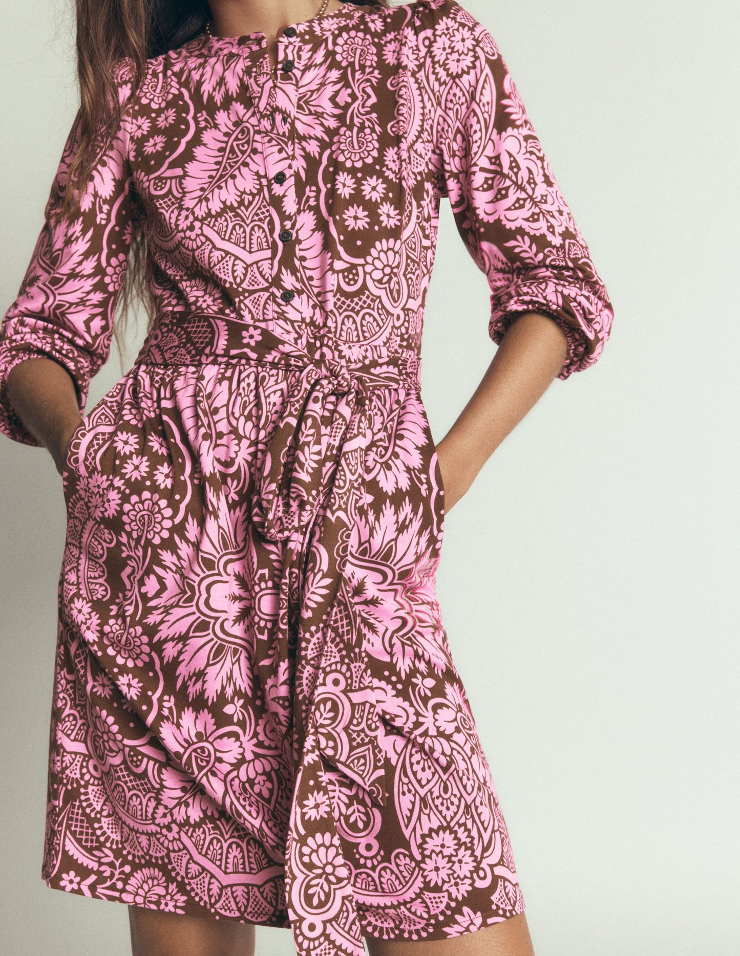 Adele Belted Jersey Dress-Raw Umber, Arabesque Meadows