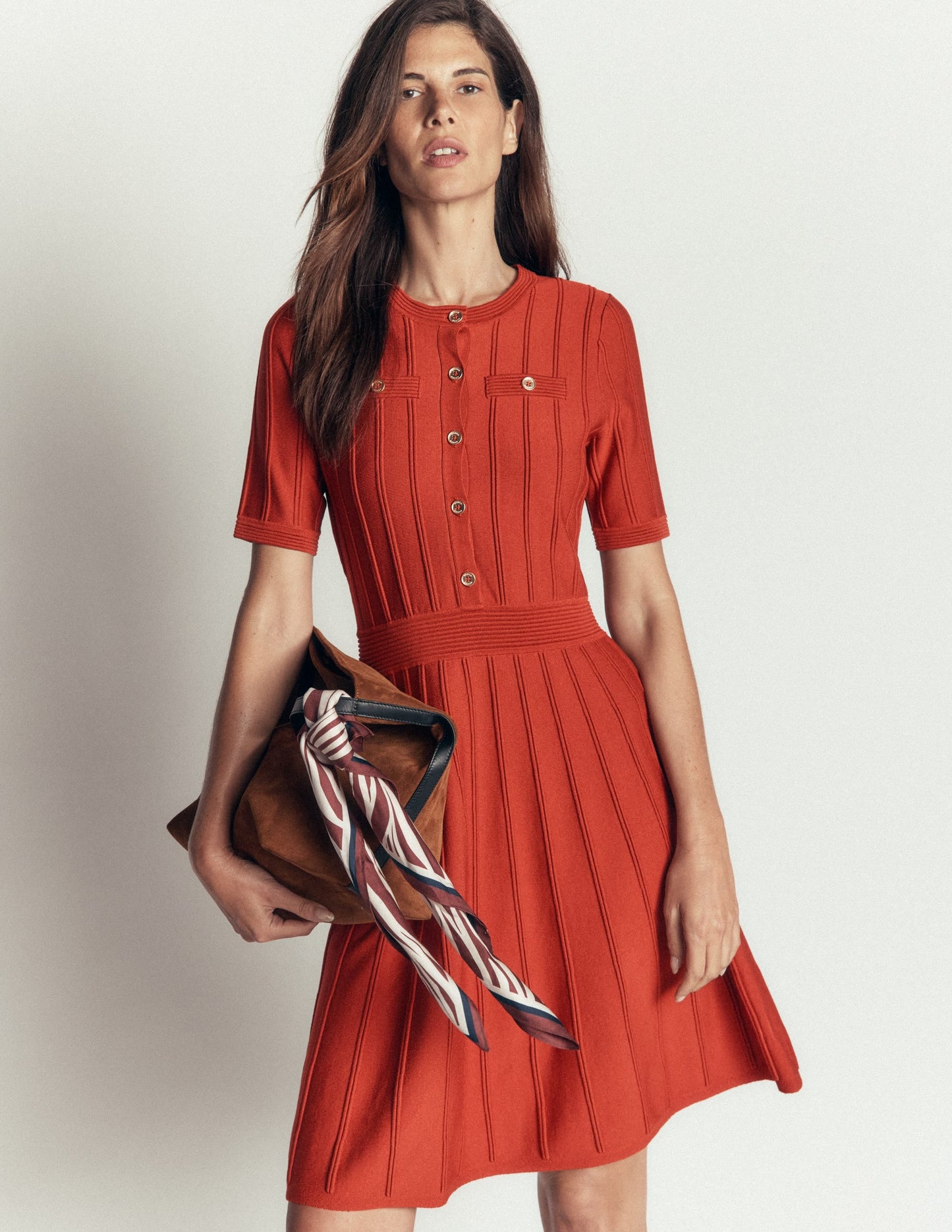 Button Front Stitch Dress-Burnt Orange