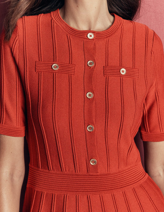 Button Front Stitch Dress-Burnt Orange