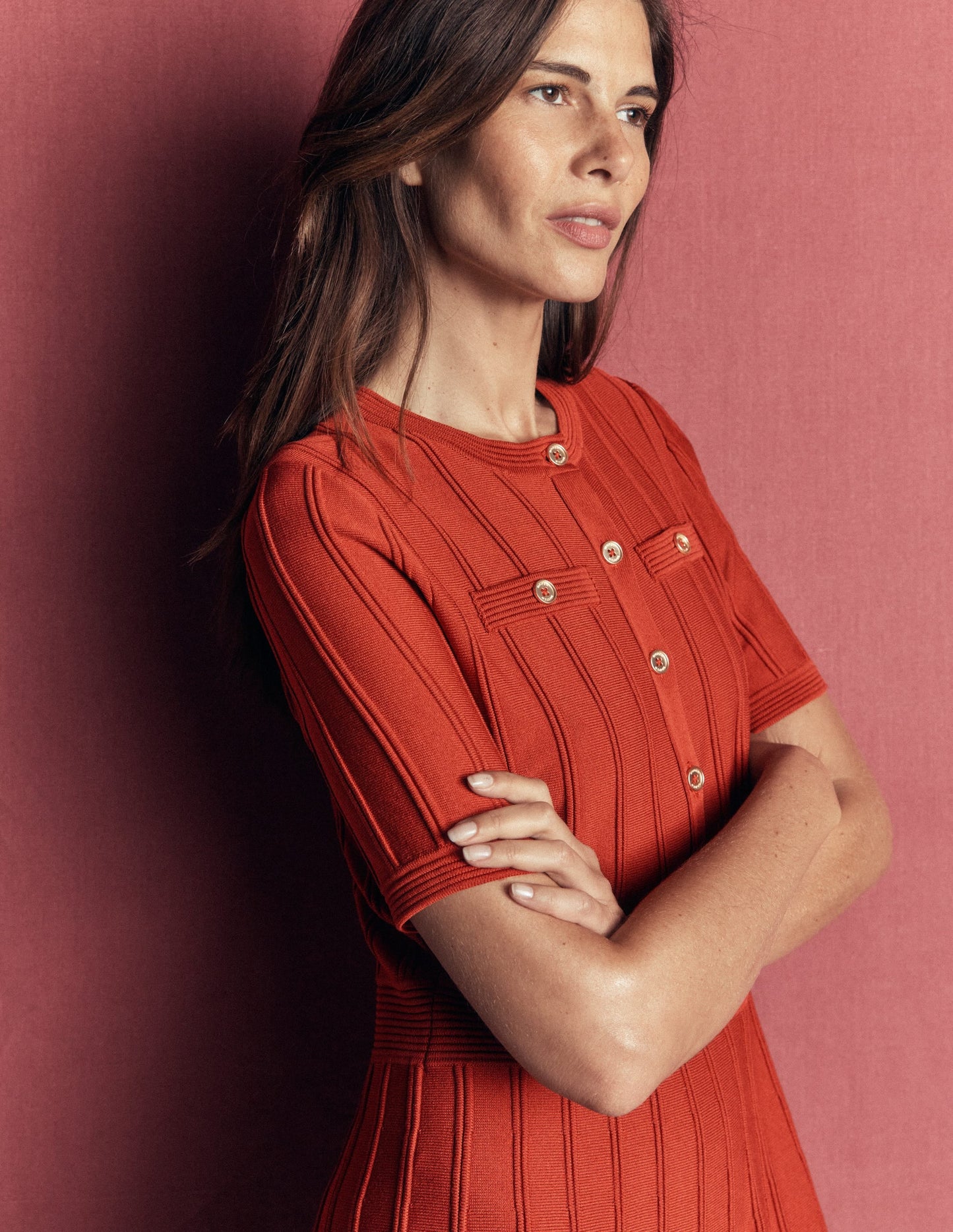 Button Front Stitch Dress-Burnt Orange