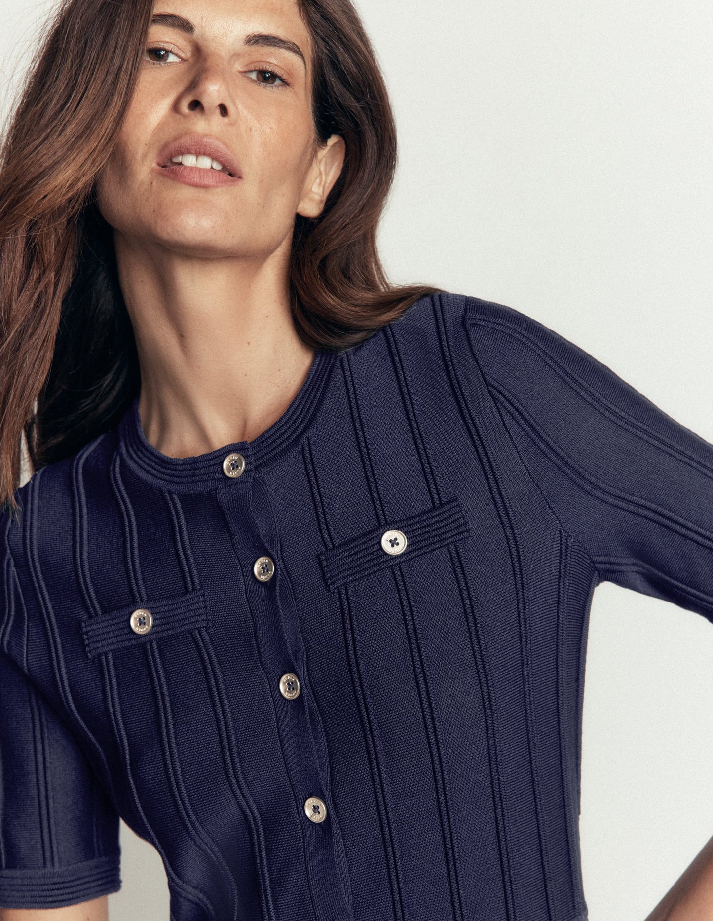 Button Front Stitch Dress-Navy