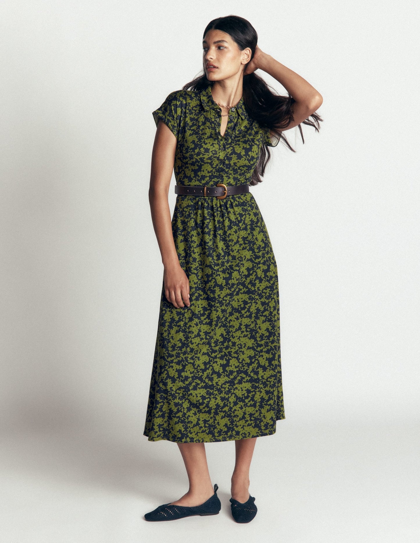 Fae Jersey Shirt Dress-Forest Green, Sprayed Leaf