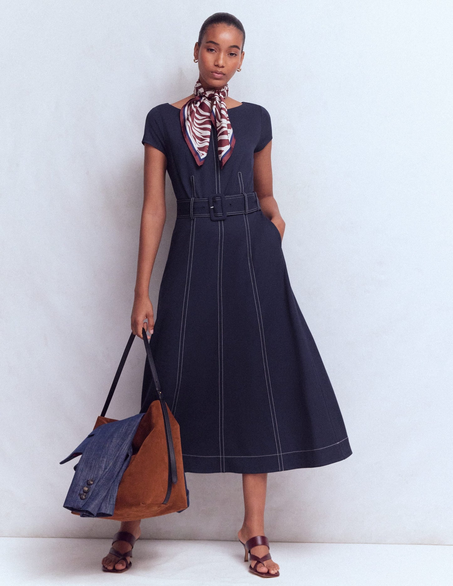 Topstitch Ponte Midi Dress-Navy