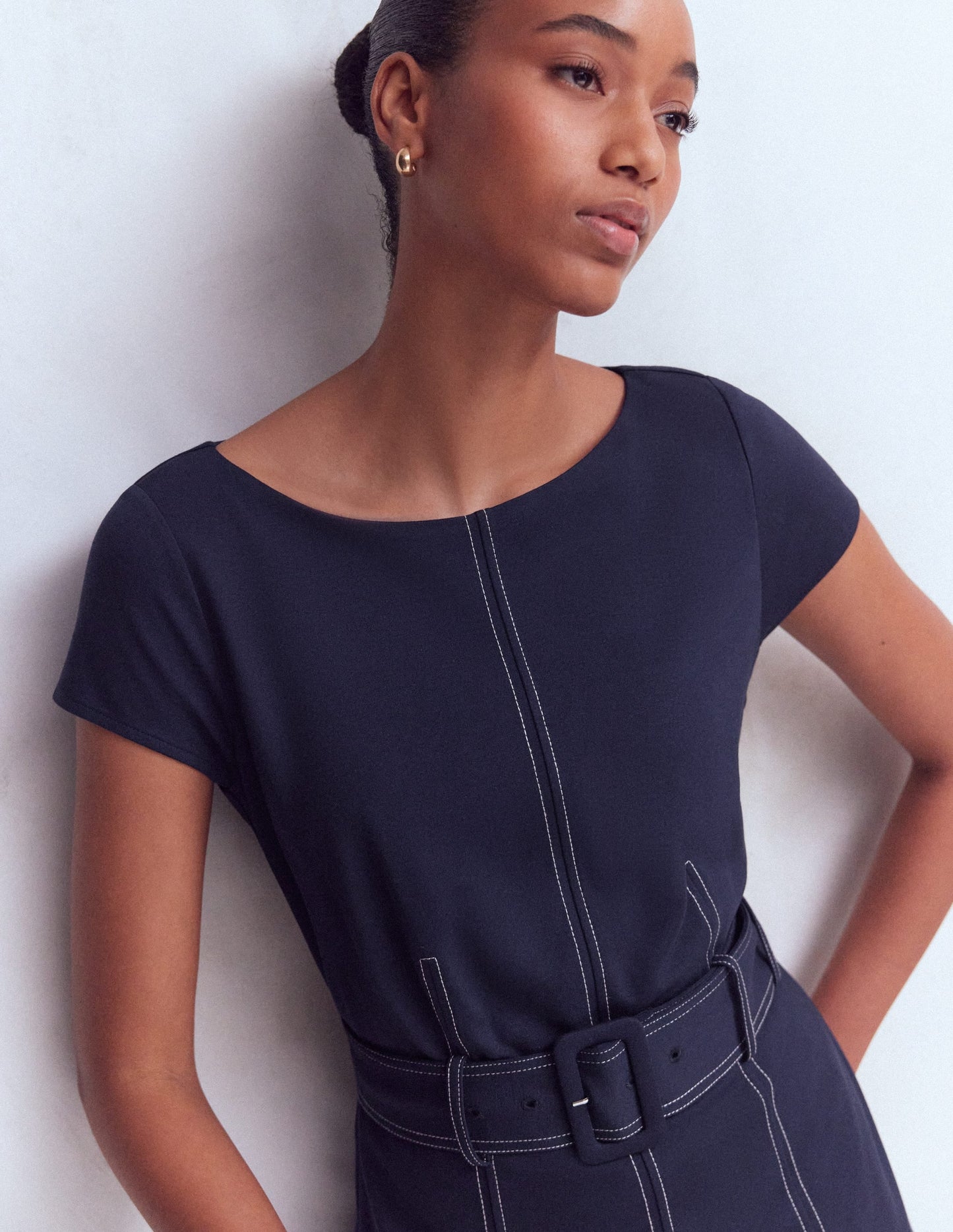 Topstitch Ponte Midi Dress-Navy